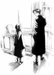  1boy 1girl blood_alone boots coat desk door full_body height_difference indoors light_rays long_hair long_sleeves looking_back monochrome shadow standing table window 