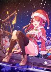  1girl :d animal_ears armpit_peek bangs boots breasts candy candy_cane capelet christmas cleavage dress dutch_angle dying0414 eyebrows_visible_through_hair fang food fur_trim gift hat horn kneehighs knees_together_feet_apart long_hair looking_at_viewer medium_breasts mismatched_legwear oni_horns open_mouth original pointy_ears red_dress red_eyes redhead sack santa_costume santa_hat single_kneehigh single_thighhigh sitting sled smile snow solo thigh-highs zipper 