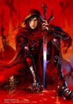  1boy armor black_hair cape dragon fantasy heise hood male_focus original red_eyes solo sword tan weapon 