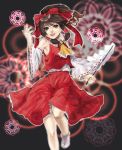  1girl ascot bow brown_eyes brown_hair collar detached_sleeves female gohei hair_bow hakurei_reimu holding long_sleeves looking_at_viewer ponytail red_bow red_skirt skirt socks solo standing standing_on_one_leg stick touhou vest white_legwear wide_sleeves xero 