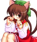  1girl animal_ears blush brown_eyes brown_hair cat_ears cat_tail chen earrings eating female food hat jewelry knees_touching multiple_tails short_hair solo tail tilm touhou 