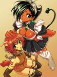  2girls collar dark_skin demon dress kawamura_takayasu larentia multiple_girls nishimura_hiroyuki tail thigh-highs 