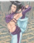  1girl abs armpits bare_shoulders blush breasts detached_sleeves drill_hair erect_nipples flexible halter_top halterneck han_juri hips leg_behind_shoulder looking_at_viewer navel sideboob smile soles solo standing standing_on_one_leg street_fighter street_fighter_iv_(series) toned tongue tongue_out twin_drills under_boob 