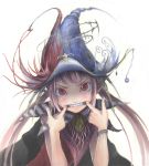  1girl fangs finger_in_mouth grin hands hat kurokurokuro original smile solo teeth witch_hat 
