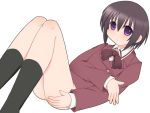  1girl ass bamboo_blade black_legwear bow bowtie brown_hair kawazoe_tamaki kneehighs kurappii long_sleeves looking_at_viewer red_bow red_bowtie short_hair simple_background solo thighs violet_eyes white_background 