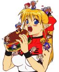  3boys 6+girls cheerleader chia_hagemasky eating food hamburger kengou multiple_boys multiple_girls original pointy_ears 