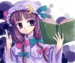  1girl :o bangs blunt_bangs blush book bow crescent crescent_hair_ornament female hair_ornament hat holding holding_book index_finger_raised long_hair looking_at_viewer mob_cap open_book open_mouth patchouli_knowledge pink_bow purple_hair sidelocks solo tilm touhou upper_body very_long_hair violet_eyes 