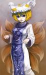  1girl blonde_hair cowboy_shot dress female fox_tail frills hat long_sleeves looking_at_viewer mob_cap multiple_tails ofuda pillow_hat solo standing tabard tail touhou white_dress wide_sleeves xero yakumo_ran 