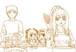  1boy 3girls ;d ;p apron blush blush_stickers chair collarbone cup drinking_glass duplicate family food fork frying_pan hairband hand_in_pocket if_they_mated knife kyon long_hair looking_at_another mem monochrome multiple_girls older one_eye_closed open_mouth orange_(color) overalls plate ponytail salad simple_background sitting smile spatula suzumiya_haruhi suzumiya_haruhi_no_yuuutsu table teeth toast tongue tongue_out twintails white_background 