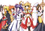  5girls arisa_bannings bad_anatomy bardiche belt blonde_hair blue_eyes bow brown_hair burning_arisa cape fate_testarossa fingerless_gloves gloves hair_ornament hat lyrical_nanoha magazine_(weapon) magical_girl mahou_shoujo_lyrical_nanoha mahou_shoujo_lyrical_nanoha_a&#039;s multiple_girls poorly_drawn purple_hair raising_heart red_bow red_eyes redhead schwertkreuz shield side_ponytail takamachi_nanoha thigh-highs tome_of_the_night_sky tsukimura_suzuka twintails violet_eyes waist_cape x_hair_ornament yagami_hayate yellow_bow 