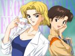  2girls 90s akagi_ritsuko androgynous copyright_name ibuki_maya labcoat multiple_girls neon_genesis_evangelion tanaka_takayuki wallpaper 