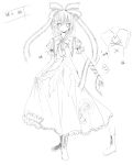  1girl ascot boots character_name concept_art dress expressionless female frills front_ponytail hair_ribbon highres kagiyama_hina lineart puffy_sleeves ribbon sketch solo touhou white_background 