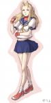  1girl antenna_hair blonde_hair capcom cosplay female fumio_(rsqkr) kanzuki_karin kasugano_sakura kasugano_sakura_(cosplay) long_image midriff navel ringlets school_uniform serafuku shoes sneakers solo street_fighter street_fighter_zero street_fighter_zero_3 tall_image 