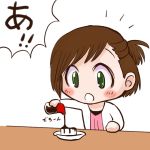  1girl a brown_hair chibi food green_eyes nakayama_saki pouring solo soy_sauce surprised 