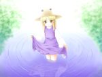  1girl blonde_hair blush brown_eyes dress extra_eyes female hat long_sleeves looking_at_viewer moriya_suwako pond purple_dress short_hair solo standing sweatdrop sweater touhou wading water wide_sleeves 