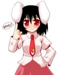  1girl animal_ears arayama_reiichi black_hair female inaba_tewi index_finger_raised long_sleeves necktie rabbit_ears red_eyes red_necktie short_hair simple_background solo speech_bubble talking text touhou white_background 