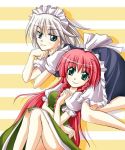  2girls aqua_eyes female green_hair hong_meiling izayoi_sakuya kurinton long_hair maid multiple_girls red_eyes smile tareme the_embodiment_of_scarlet_devil touhou tsurime 