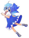  1girl blouse blue_dress blue_hair bow cirno dress female hair_bow ice ice_wings looking_at_viewer lowres makiemon open_mouth puffy_short_sleeves puffy_sleeves red_ribbon ribbon short_sleeves solo the_embodiment_of_scarlet_devil touhou wings 