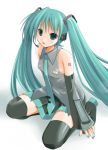  black_legwear blouse blush boots detached_sleeves green_eyes green_hair hatsune_miku headphones long_hair microphone miniskirt necktie skirt sleeveless squatting theta_(ponkotsu_works) thigh-highs thigh_boots twintails very_long_hair vocaloid zettai_ryouiki 