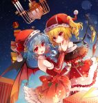  &gt;:/ 2girls ;d alternate_costume alternate_headwear baocaizi bare_shoulders bat_wings blonde_hair blue_hair blush bow box chandelier christmas crystal detached_sleeves dress fang flandre_scarlet from_side fur_trim gift gift_box gloves hat hat_bow highres looking_at_viewer looking_to_the_side multiple_girls off-shoulder_dress off_shoulder one_eye_closed open_mouth red_bow red_dress red_eyes red_gloves remilia_scarlet santa_costume santa_hat siblings sisters smile star touhou wings 