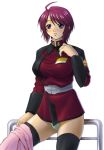  00s 1girl ahoge belt black_legwear blue_eyes blush breasts female fumizuki_misoka green_panties gundam gundam_seed gundam_seed_destiny large_breasts lunamaria_hawke military military_uniform panties purple_hair redhead short_hair skirt skirt_pull solo thigh-highs underwear uniform 