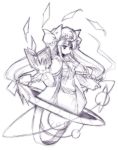  1girl book crescent female flat_gaze floating_hair flying_paper graphite_(medium) hat long_hair magic monochrome paper patchouli_knowledge planet sketch solo touhou traditional_media yuuki_eishi 