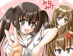  3girls ahoge angry brown_hair hiiragi_tomoka minami-ke minami_chiaki minami_haruka minami_kana multiple_girls siblings sisters twintails v 