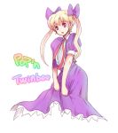  1girl :o blonde_hair cowboy_shot dress kara_(color) looking_at_viewer madoka madoka_(twinbee) open_mouth pop&#039;n_music puffy_short_sleeves puffy_sleeves purple_dress red_ribbon ribbon short_sleeves sidelocks simple_background solo text twinbee twintails violet_eyes white_background 