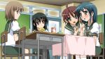  4girls ahoge blush chair chopsticks classroom desk eating fork indoors konoe_fumina multiple_girls ogata_matake open_mouth sanshita school_desk school_uniform serafuku shakugan_no_shana shana sitting tablecloth yoshida_kazumi 