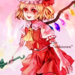  1girl ascot blonde_hair crystal dress evil_smile female flandre_scarlet frilled_sleeves frills hat holding holding_weapon mob_cap polearm puffy_short_sleeves puffy_sleeves red_dress red_eyes short_hair short_sleeves smile solo spear touhou weapon wings xero 