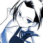  1girl adjusting_glasses akikaze_shirakumo blue cold-blood glasses lowres monochrome solo staring 