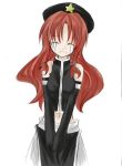  1girl alternate_color alternate_costume beret black_hat black_skirt black_vest braid chinese_clothes crying detached_sleeves facing_viewer female gloves hat hong_meiling long_hair midriff miwa_maku redhead simple_background skirt solo star tears touhou twin_braids upper_body v_arms 