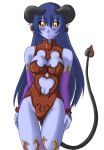  1girl astaroth_(shinrabanshou) black_sclera blue_hair blue_skin blush breasts chocolate demon_girl earrings elbow_gloves gloves horns jewelry large_breasts long_hair one-piece_swimsuit pointy_ears shinrabanshou solo swimsuit tail yellow_eyes 