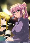  2girls alcohol beer blonde_hair blush directional_arrow drunk fate_testarossa lyrical_nanoha mahou_shoujo_lyrical_nanoha mahou_shoujo_lyrical_nanoha_strikers multiple_girls pink_hair ponytail signum yasutomo 