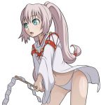  1girl aqua_eyes bottomless caryo flat_chest japanese_clothes katsuragi_mikan leaning_forward long_hair lowres midori_boushi midriff navel no_pants open_mouth panties pink_hair ponytail rental_magica solo twintails underwear wand white_panties 