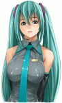  1girl aqua_eyes aqua_hair bare_shoulders breasts detached_sleeves female hairband hatsune_miku headset large_breasts long_hair necktie simple_background solo twintails very_long_hair vocaloid 