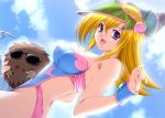  1girl :d back bangs bare_shoulders blonde_hair blue-eyes_white_dragon blue_eyes blue_eyes_white_dragon breasts casual_one-piece_swimsuit circle_epion claws cleavage clouds dark_magician_girl dragon duel_monster dutch_angle facial_mark fingernails fur gem hat holding kuriboh large_breasts long_fingernails long_hair looking_at_viewer looking_back monster one-piece_swimsuit open_mouth outdoors pointing profile see-through sky smile standing sunglasses swimsuit wizard_hat wristband yu-gi-oh! yuu-gi-ou_duel_monsters 