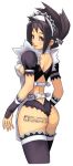  1girl apron ass back black_hair black_legwear breasts choker elbow_gloves erect_nipples frills from_behind gloves hair_ornament hair_up hairband hairclip looking_back maid maid_apron maid_headdress maruta_kentarou panties red_eyes sideboob small_breasts smile solo tattoo thigh-highs thong underwear 