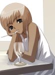  1girl blonde_hair brown_eyes dark_skin drinking_straw eyebrows eyebrows_visible_through_hair glass head_tilt looking_at_viewer mouth_hold natori_(natorism) original shirt short_hair sleeveless solo spoon straw tank_top upper_body white_shirt 