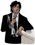  1boy ashtray cigarette formal male_focus maruta_kentarou necktie smoking solo suit white_background 