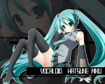  1girl aqua_hair hand_on_headphones hatsune_miku headphones long_hair narumi_yuu_(bunbukudou) solo thigh-highs twintails very_long_hair vocaloid 