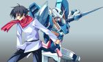  1boy armor exia gradient gradient_background gundam gundam_00 holding holding_sword holding_weapon karamiti long_sleeves machinery male_focus mecha outstretched_arm pants red_scarf scarf setsuna_f_seiei simple_background solo sweater sword weapon 