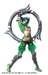  00s 1995 1998 1girl 2002 2003 2005 3d 90s absurdres arms_up bangs belt blue_hair bodypaint boots breasts breasts_apart chakram company_name cross-laced_clothes dated elbow_gloves eyelashes eyeshadow facepaint facial_mark feathers full_body fur_trim gloves green_boots green_lipstick head_tilt highres holding holding_arm holding_weapon huge_weapon jewelry kawano_takuji large_breasts leather leather_pants legs_apart lipstick looking_at_viewer makeup midriff mole mole_under_eye navel no_bra pants parted_lips purple_gloves revealing_clothes ring shin_guards short_hair simple_background sleeves_folded_up solo soul_calibur soulcalibur_iii standing thigh-highs thigh_boots tira_(soulcalibur) torn_clothes under_boob violet_eyes weapon white_background 