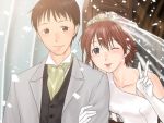  1boy 1girl :p ;b ;p arm_holding asymmetrical_clothes bangs bare_shoulders black_hair blue_eyes blush breasts bridal_veil bride brown_eyes brown_hair buttons closed_mouth confetti couple cravat door dress ear_studs earrings elbow_gloves formal game_cg girlfriend_of_steel gloves groom hair_between_eyes happy heart hetero ikari_shinji ikari_shinji_raising_project jewelry kirishima_mana leaning_forward light_smile looking_at_viewer neon_genesis_evangelion neon_genesis_evangelion:_iron_maiden one_eye_closed open_clothes open_door outdoors parted_bangs redhead see-through short_hair small_breasts smile spaghetti_strap stud_earrings suit tiara tongue tongue_out upper_body v veil waistcoat wedding wedding_dress white_dress white_gloves wink yonekura_kengo 