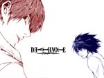  2boys bags_under_eyes death_note l_(death_note) looking_at_viewer looking_back male_focus monochrome multiple_boys multiple_monochrome obata_takeshi open_mouth upper_body white_background yagami_light 