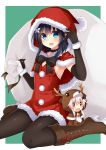  1girl :d animal_hood antlers armpits bangs bell bell_choker black_bow black_bowtie black_gloves black_hair black_legwear blue_eyes blush boots bow bowtie breasts brown_boots capelet character_doll choker christmas cross-laced_footwear dress elbow_gloves etna_(kuzuyu) flower fur_trim gloves hair_flower hair_ornament hat high_heel_boots high_heels hood kuzuyu lace-up_boots looking_at_viewer open_mouth original pantyhose pom_pom_(clothes) red_dress rivier_(kuzuyu) santa_costume santa_hat short_dress sideboob sitting small_breasts smile solid_oval_eyes wariza white_hair 