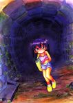  1girl arms_behind_back bag camisole child female highres hoshino_fuuta panties purple_hair shirt_lift shoes smile socks solo tank_top tunnel twintails unbuttoned underwear 