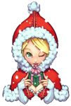  1girl :p blonde_hair breasts christmas cleavage gift green_eyes holding holding_gift maruta_kentarou one_eye_closed solo tongue tongue_out wink 