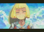  1girl bangs blonde_hair blue_sky blunt_bangs closed_eyes clouds cloudy_sky crying eric_muentes lillie_(pokemon) long_hair outdoors pokemon pokemon_(game) pokemon_sm ponytail shirt short_sleeves sky smile solo spoilers streaming_tears tears thank_you upper_body white_shirt 