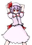  1girl arms_behind_head dai-oki female frills hat looking_at_viewer purple_hair red_eyes remilia_scarlet ribbon simple_background skirt skirt_set solo touhou white_background 